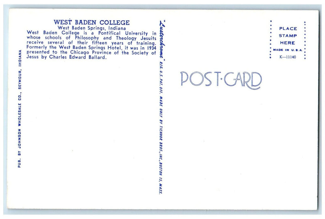c1960 West Baden College Building West Baden Springs Indiana IN Vintage Postcard
