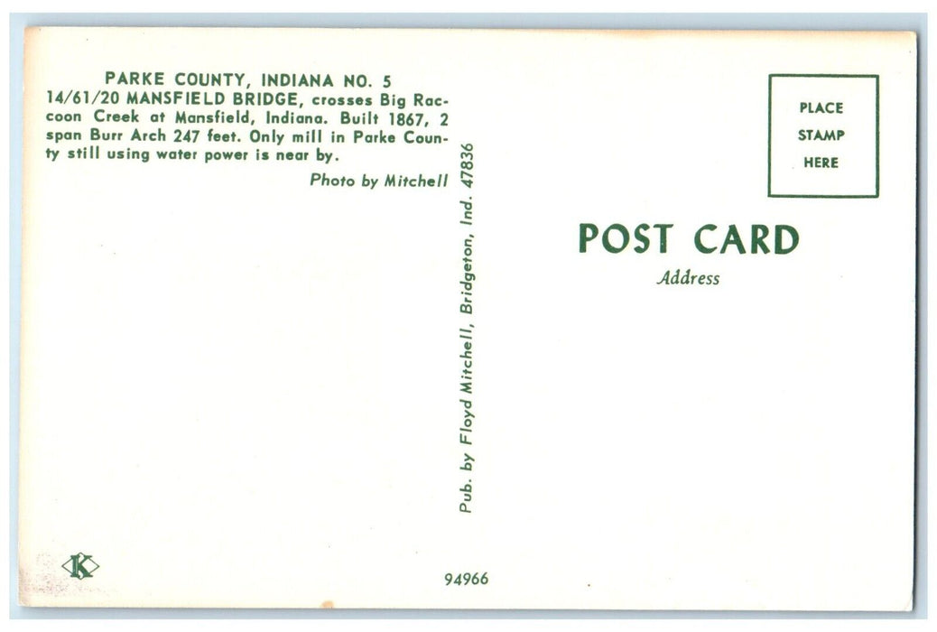 c1960 Mansfield Bridge Parke County Indiana IN Vintage Antique Unposted Postcard