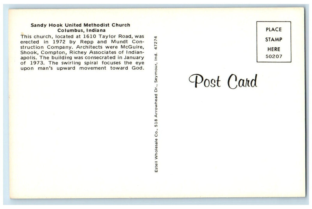 c1960 Sandy Hook United Methodist Church Columbus Indiana IN Antique Postcard