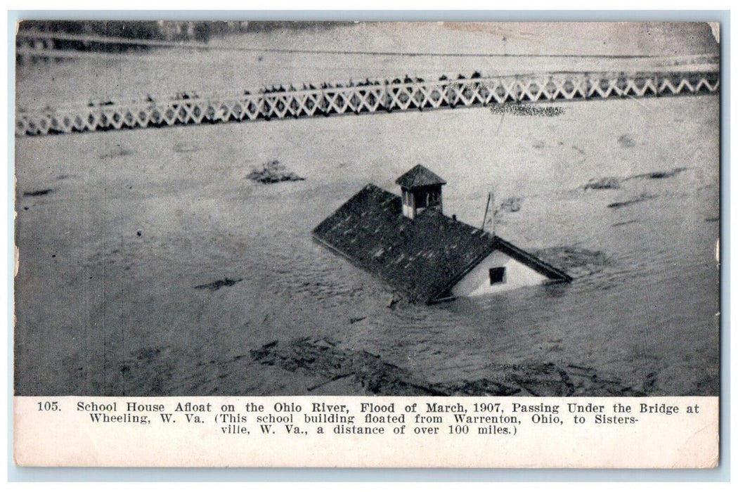 1907 School House Ohio River Flood Wheeling West Virginia W VA Vintage Postcard