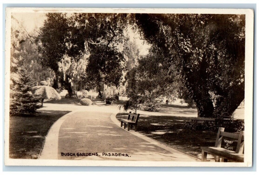 c1920's Busch Gardens Path Bench View Pasadena California CA RPPC Photo Postcard