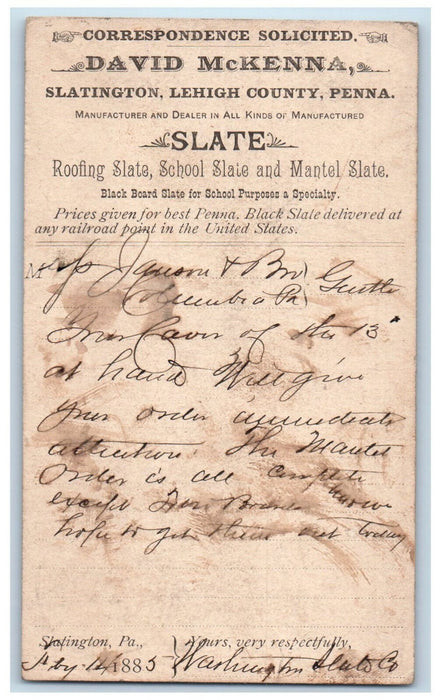 1885 David McKenna Correspondence Solicited Reading Slatington PA Postal Card