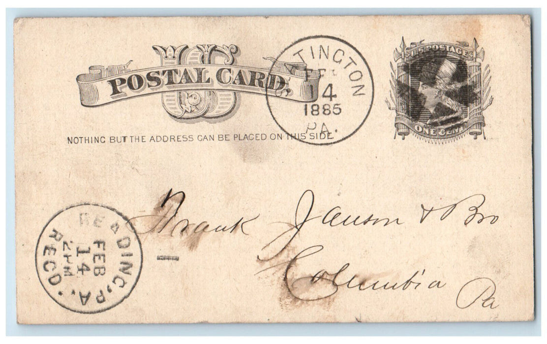 1885 David McKenna Correspondence Solicited Reading Slatington PA Postal Card