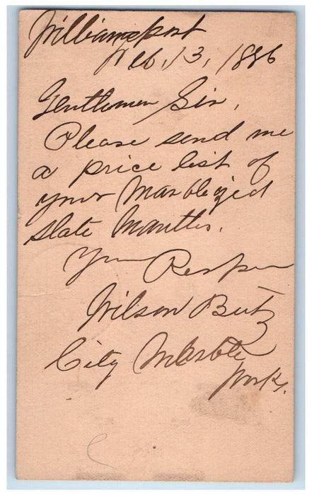 1886 Send Price List of Mantels Williamsport PA Columbia PA Postal Card