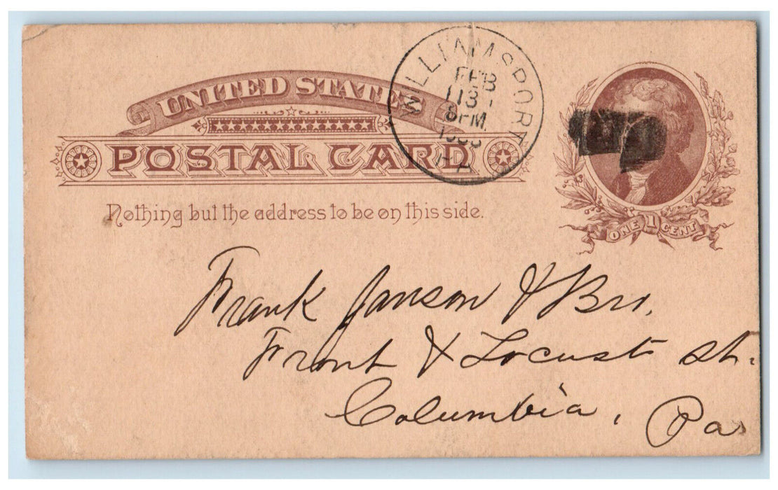 1886 Send Price List of Mantels Williamsport PA Columbia PA Postal Card