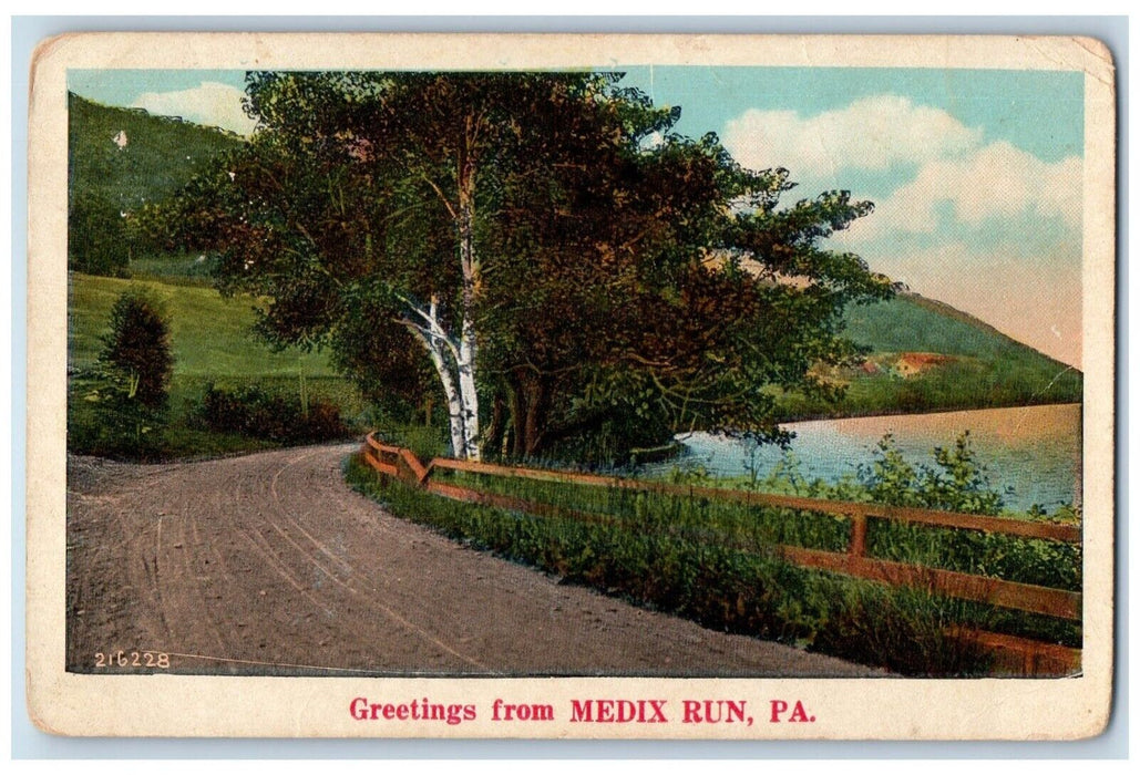 1929 Greetings From Medix Run Pennsylvania PA, Dirt Road Lake View Postcard