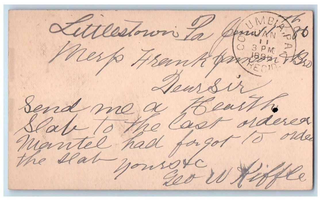 1886 Mantle Order Littlestown PA Columbia PA Blue Cancel Postal Card