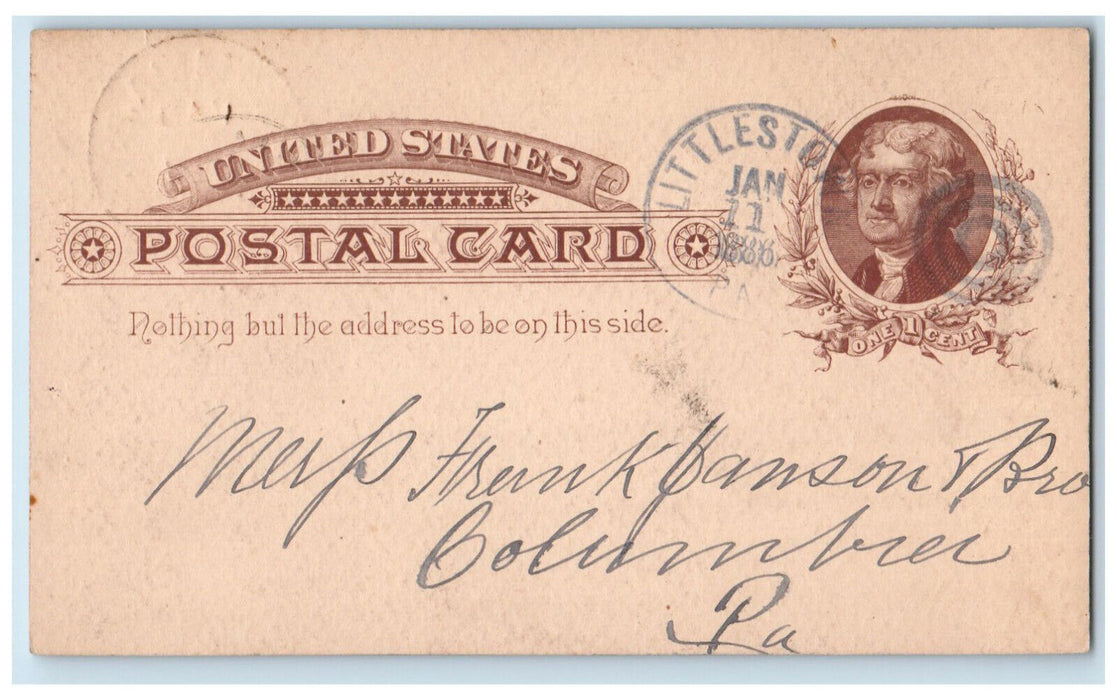 1886 Mantle Order Littlestown PA Columbia PA Blue Cancel Postal Card