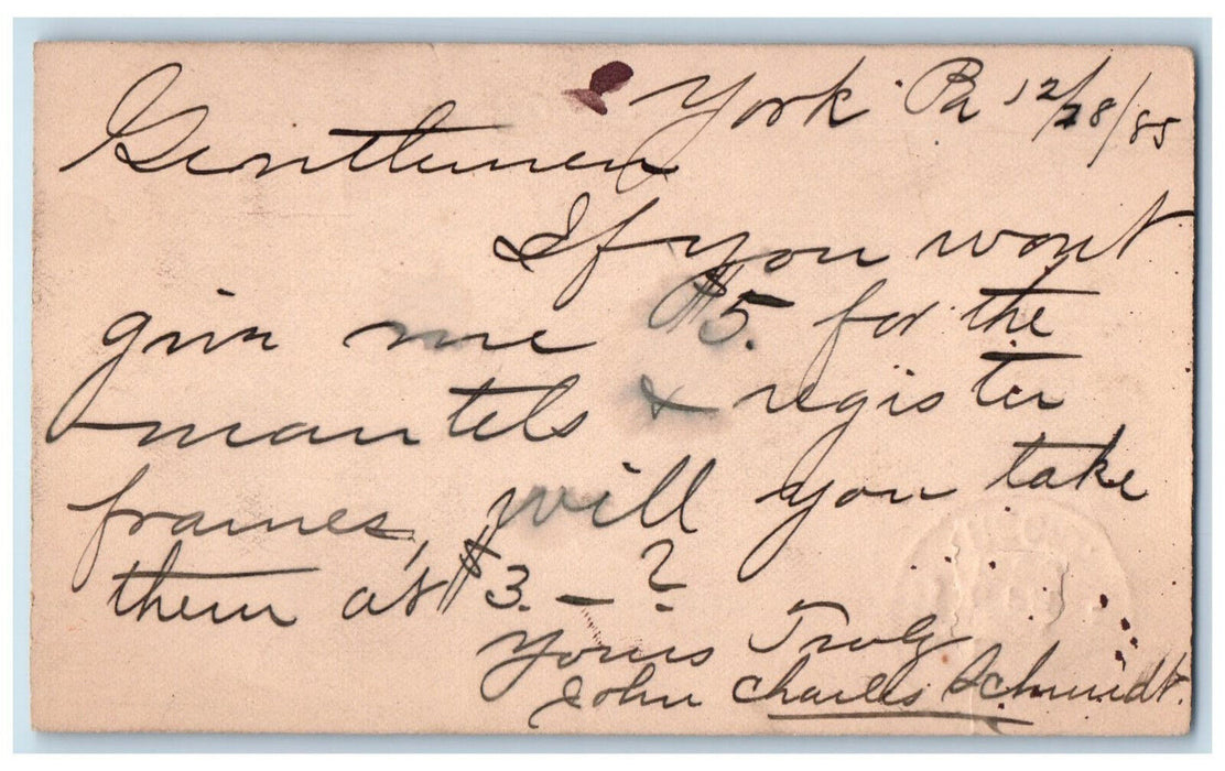 1885 Mantle Order John Schmidt York Pennsylvania PA Columbia PA Postal Card