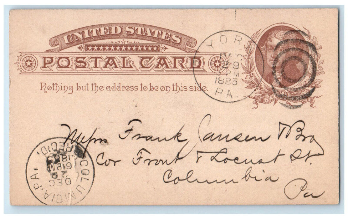 1885 Mantle Order John Schmidt York Pennsylvania PA Columbia PA Postal Card