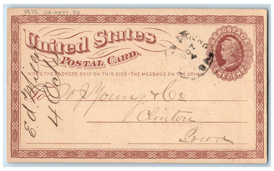 1875 Ed Miller WJ Young & Co. Dewitt Iowa IA Clinton IA Antique Postal Card