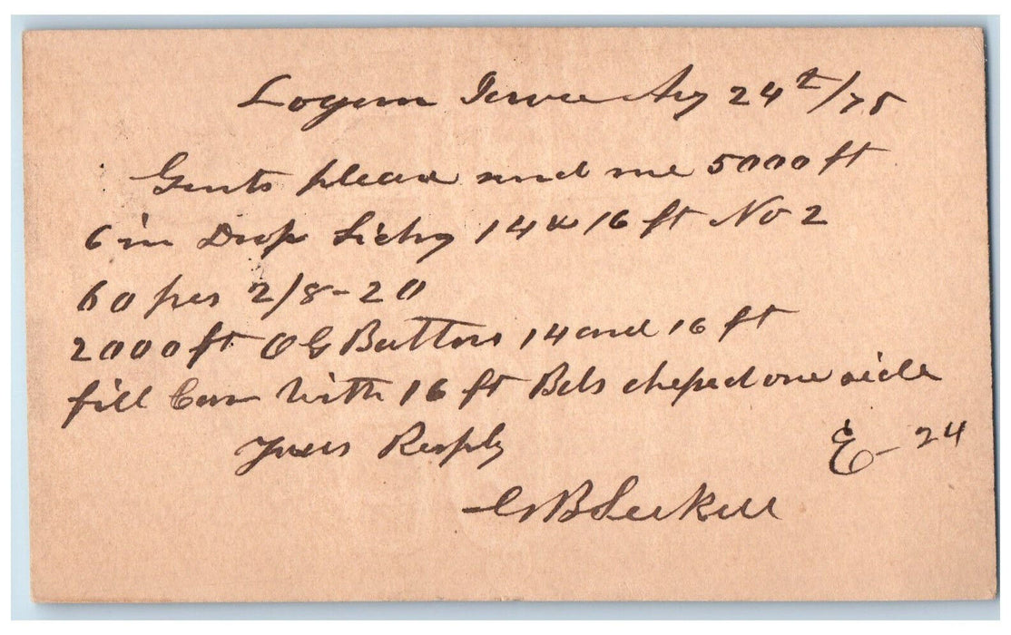 1875 Geo B Seekill WJ Young & Co. Logan Iowa IA Clinton IA Antique Postal Card