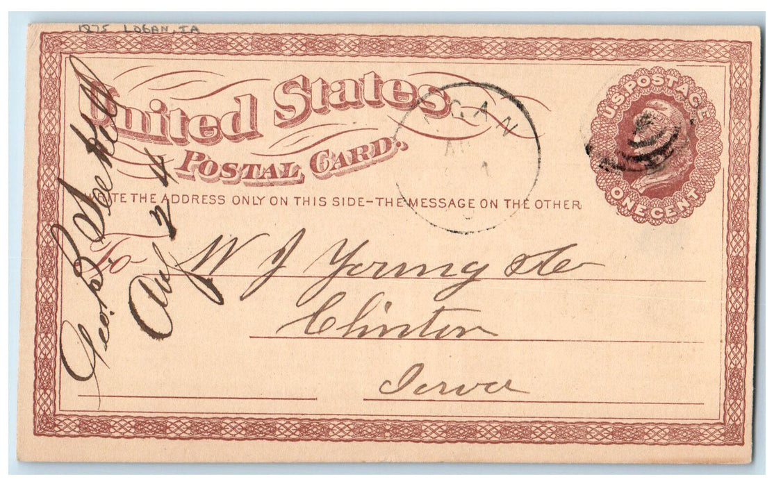 1875 Geo B Seekill WJ Young & Co. Logan Iowa IA Clinton IA Antique Postal Card