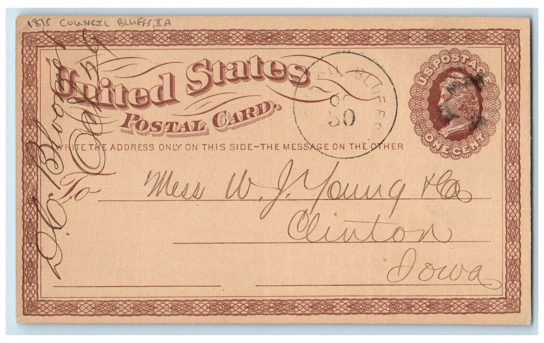 1875 DC Bloomer WJ Young & Co. Council Bluffs Iowa IA Clinton IA Postal Card