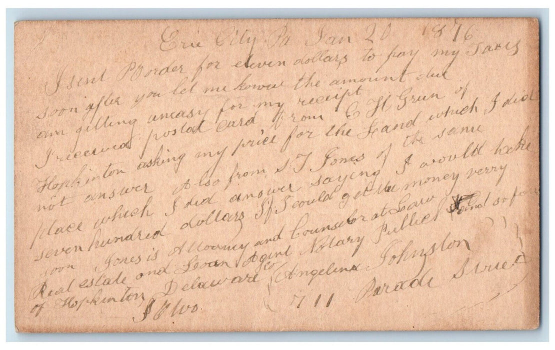 1876 Angelina Johnston Erie City Pennsylvania PA Delaware IA Postal Card