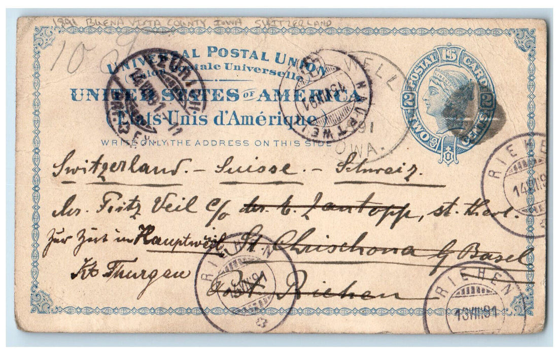 1891 Buena Vista County Iowa IA Switzerland Antique Posted Postal Card
