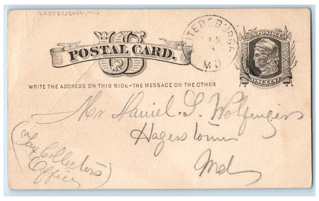 c1880's Tax Collectors Office Leitersburg Maryland MD Hagerstown MD Postal Card