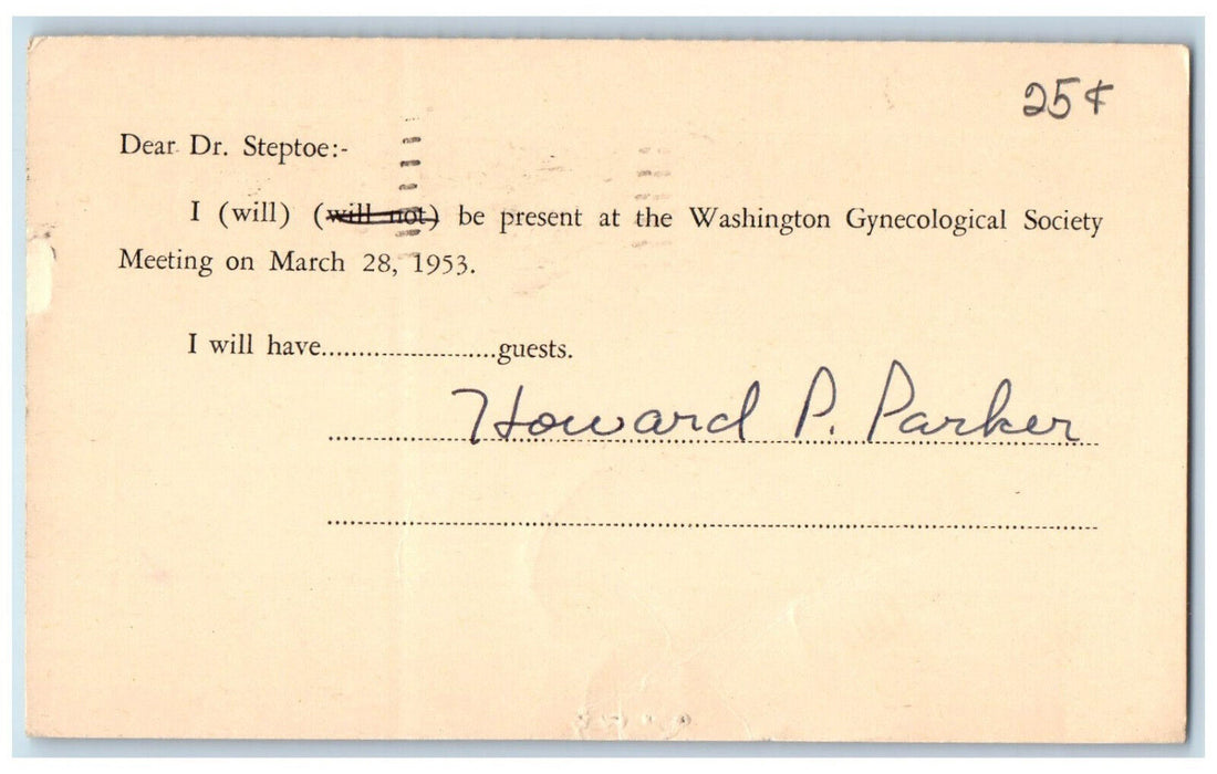 1953 Washington Gynecological Society Meeting Washington DC Postal Card