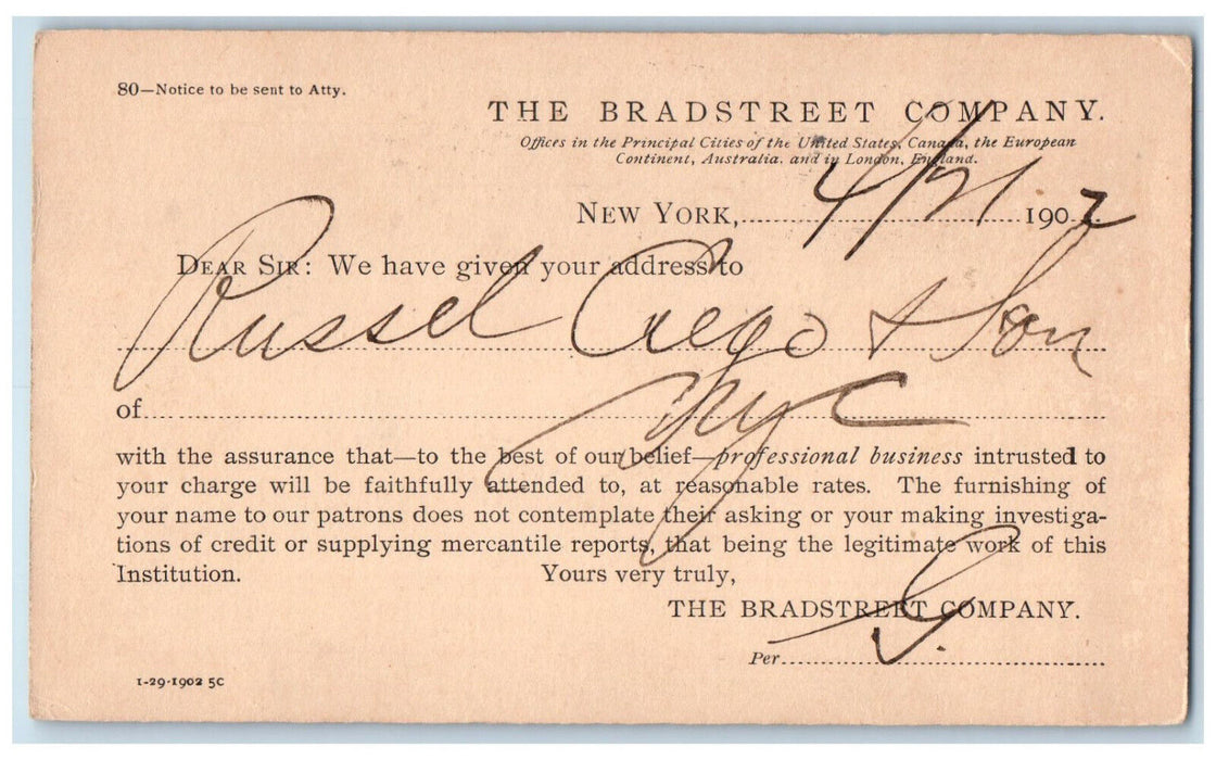 1902 The Bradstreet Company New York City NY Tampa Florida FL Postal Card
