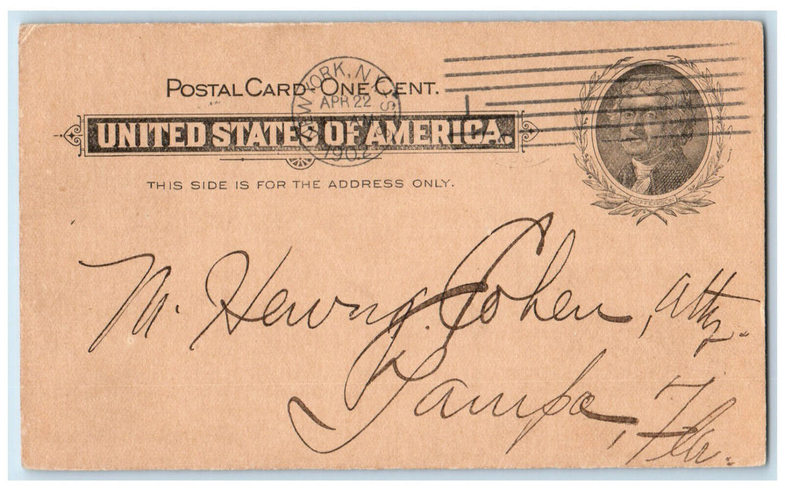 1902 The Bradstreet Company New York City NY Tampa Florida FL Postal Card