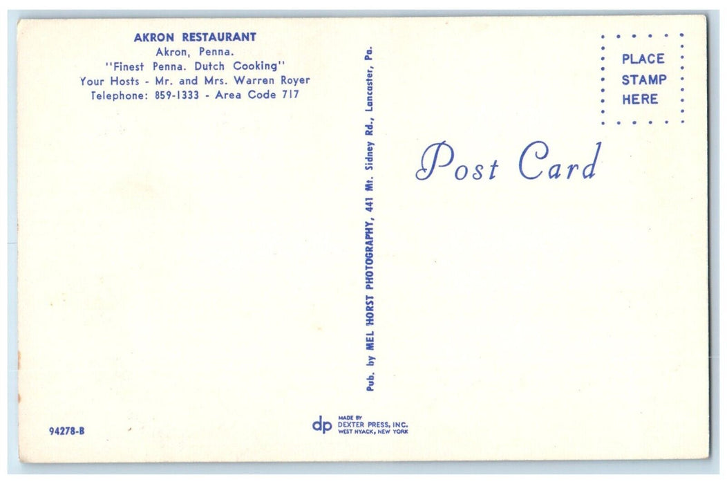 c1950's Akron Restaurant Dutch Cooking Akron Pennsylvania PA, Dual View Postcard