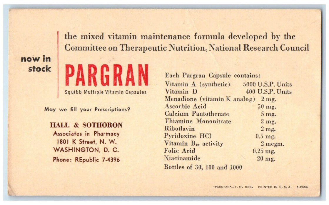 1953 Pargran Squibb Capsules Hall & Sothoron Washington DC Postal Card