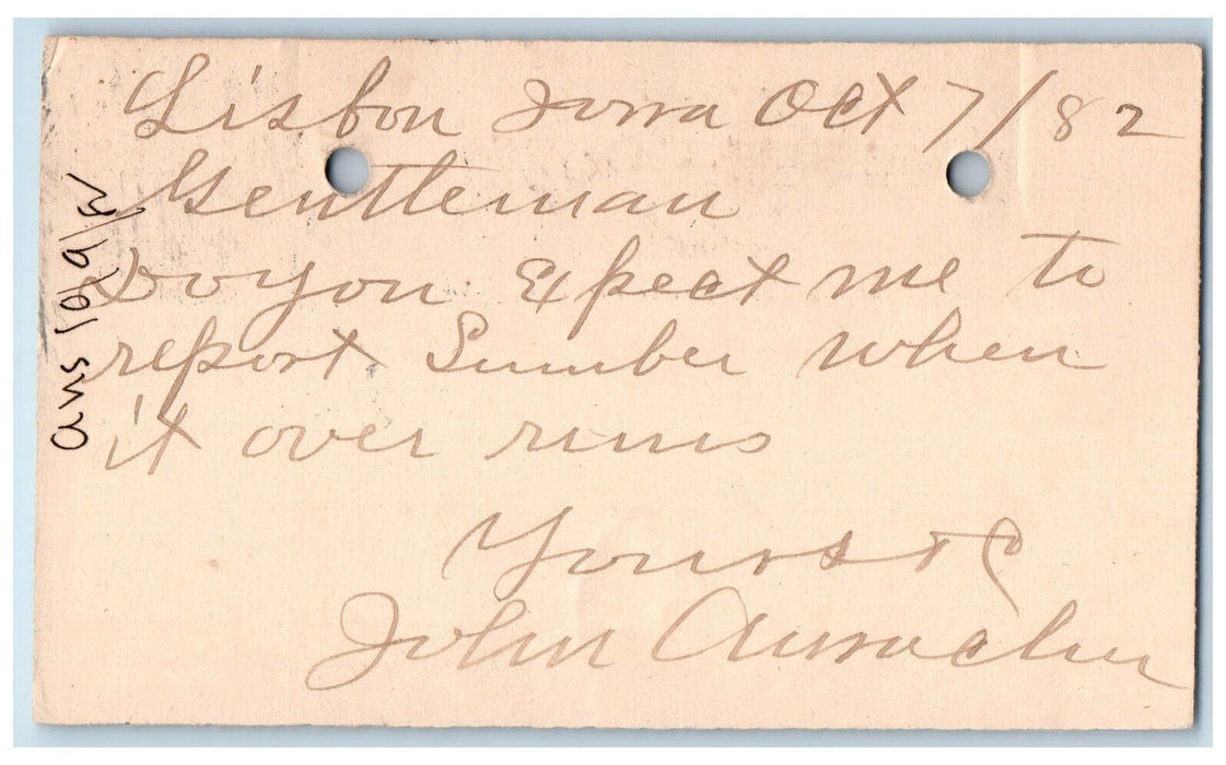 1882 Report Lumber WJ Young & Co. Lisbon Iowa IA Clinton IA Postal Card