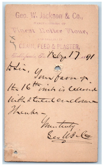 1891 Geo W. Jackson & Co. Finest Roller Flour Bellefonte PA Postal Card