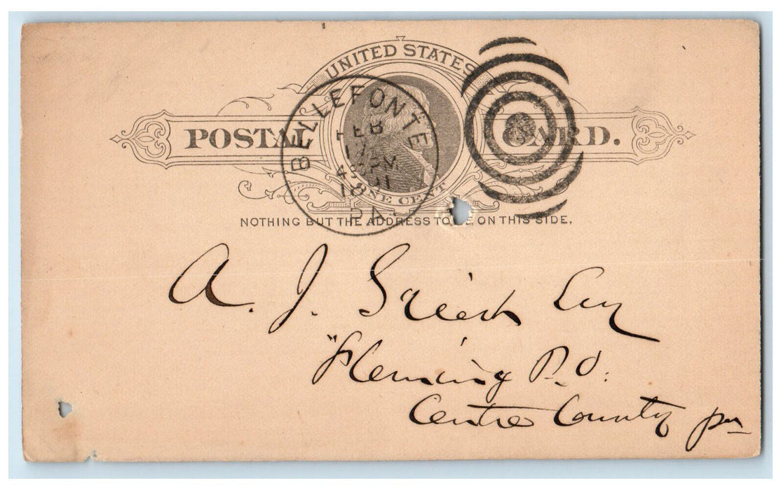 1891 Geo W. Jackson & Co. Finest Roller Flour Bellefonte PA Postal Card