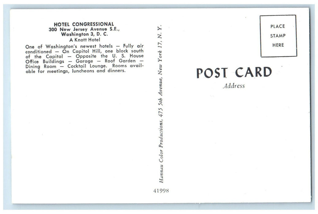c1950's Hotel Congressional Washington DC Vintage Unposted Postcard
