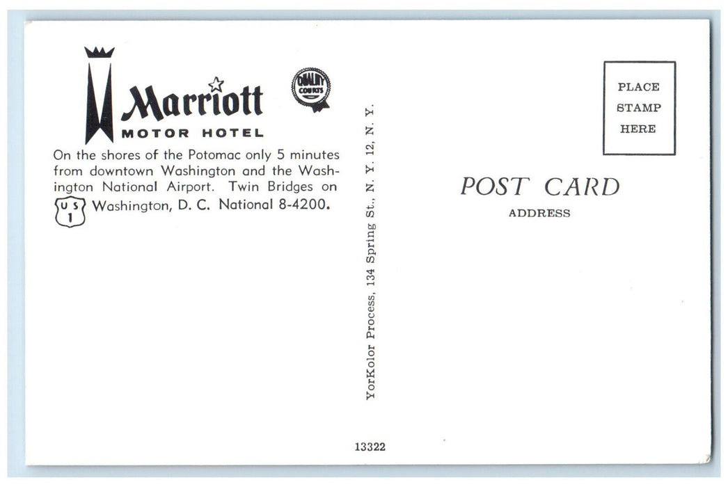 c1950's Marriott Motor Hotel Downtown Washington DC Unposted Postcard