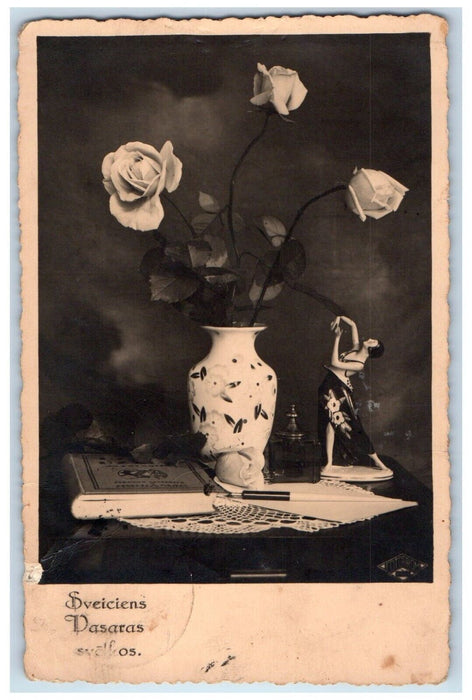 1934 Latvia Russia Still Life Flower Vase Figuren RPPC Photo Antique Postcard