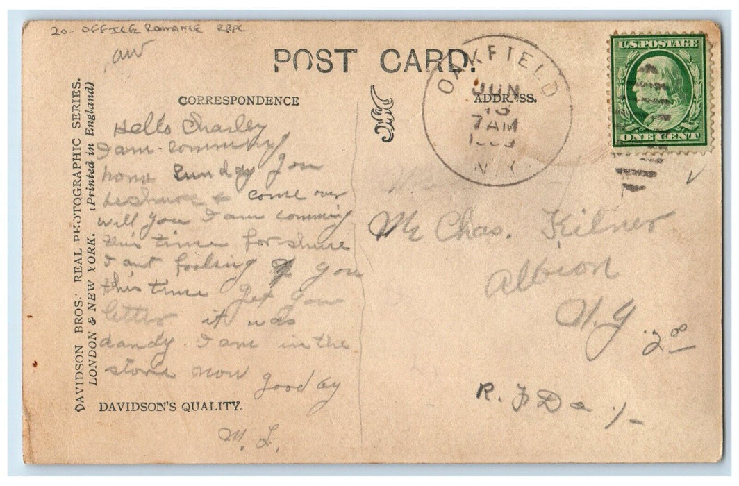 1909 Office Romance Man Cheating Oakfield New York NY RPPC Photo Postcard