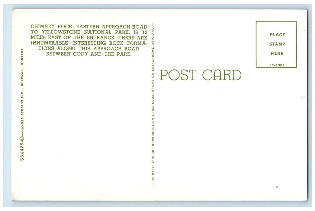 c1960's Chimney Rock Eastern Approach Road Yellowstone Nat. Park WY Postcard