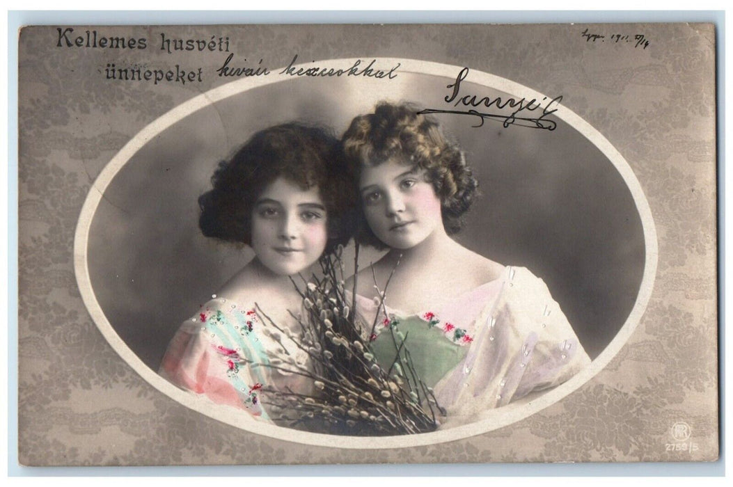 Pretty Girls Curly Hair Easter Latvia Russia Pipe Berry RPPC Photo Postcard