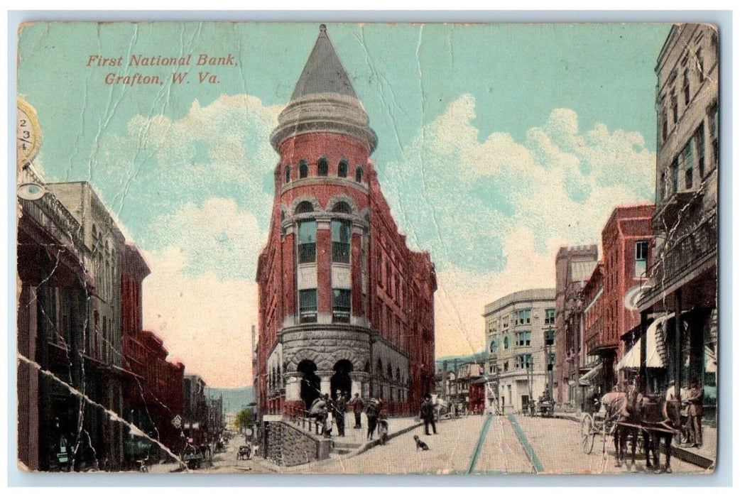 c1910 First National Bank Building Street Grafton West Virginia Vintage Postcard