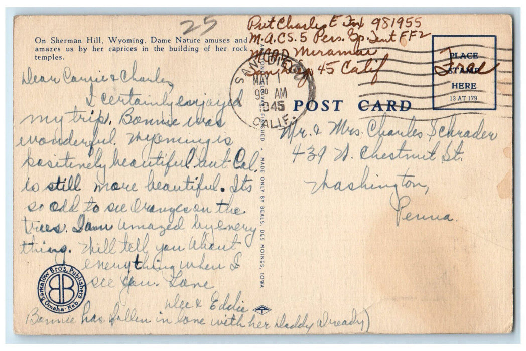 1945 On Union Pacific System Balanced Rock Sherman Hill Wyoming WY Postcard