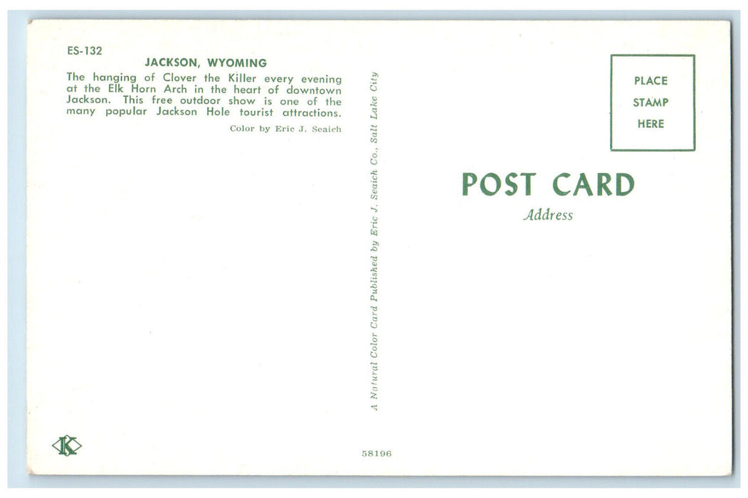 c1960's Hanging of Clover The Killer Elk Horn Arch Jackson Wyoming WY Postcard