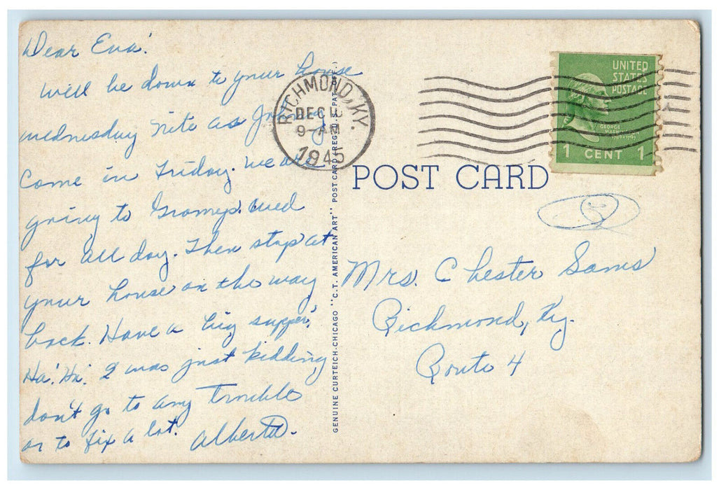 1945 The Library Eastern Kentucky State Teachers College Richmond KY Postcard