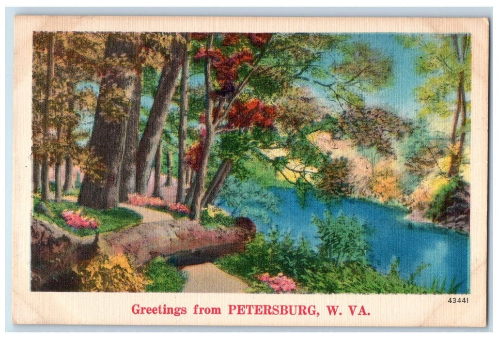 c1940 Greetings From Petersburg West Virginia River Trees Lake Vintage Postcard