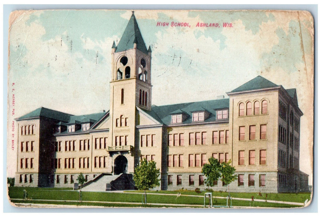 1908 High School Building Ashland Wisconsin WI Antique Posted Postcard