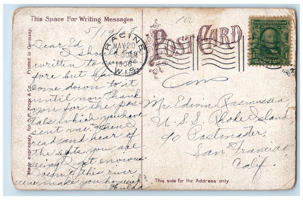 1908 Boating at Root River Above The Dam Racine Wisconsin WI Antique Postcard