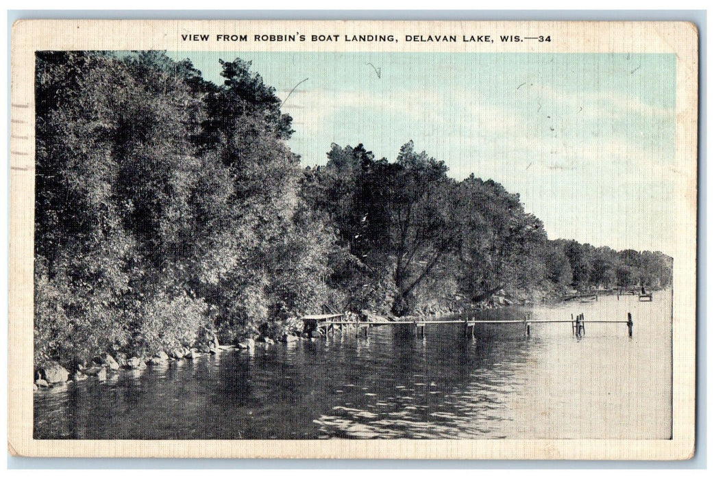 1945 View from Robbin's Boat Landing Delavan Lake Wisconsin WI Postcard
