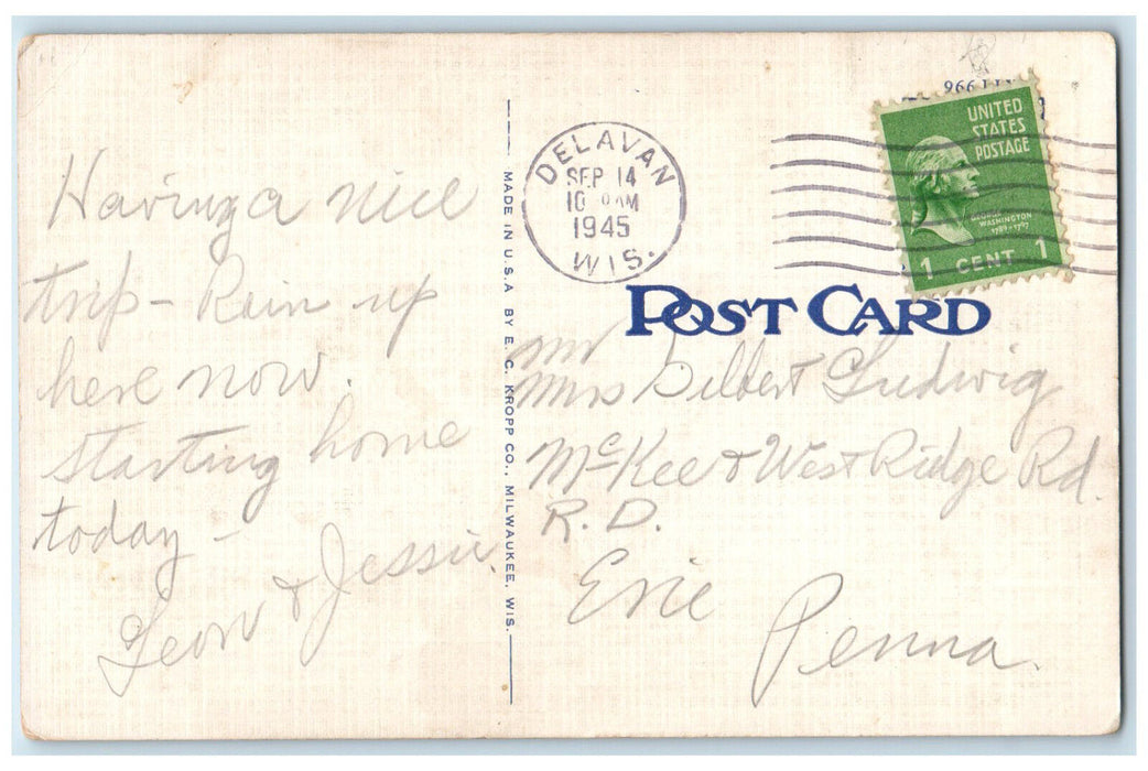 1945 View from Robbin's Boat Landing Delavan Lake Wisconsin WI Postcard