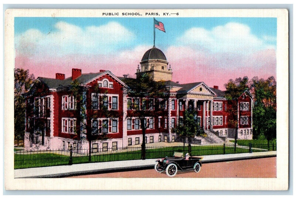 1941 Public School Exterior Building Classic Car Street Paris Kentucky Postcard