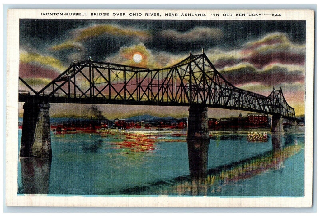 c1940 Ironton-Russell Bridge Ohio River Night Moon Ashland Kentucky KY Postcard