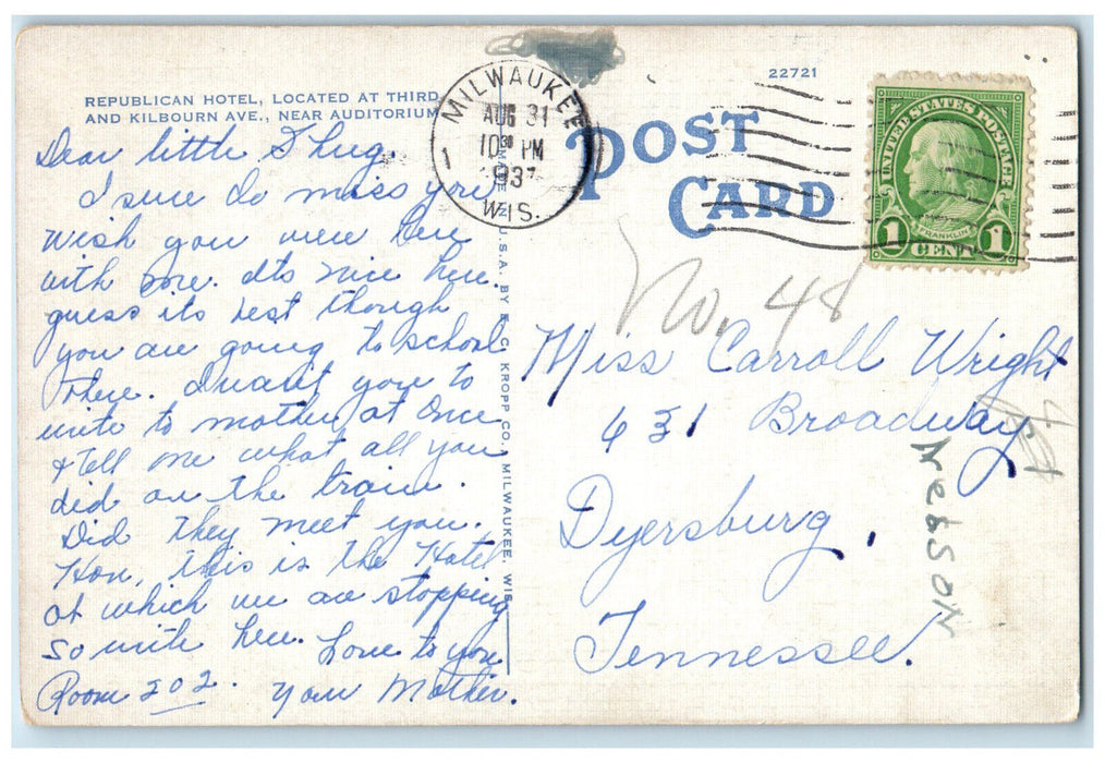 1937 Republican Hotel Milwaukee Wisconsin WI Vintage Posted Postcard