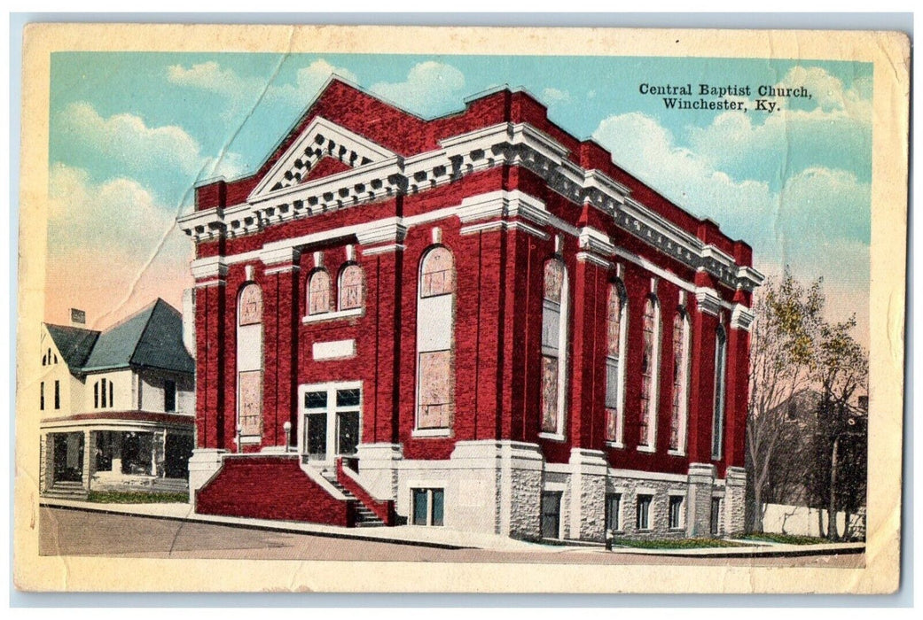 1920 Central Baptist Church Exterior Building Road Winchester Kentucky Postcard