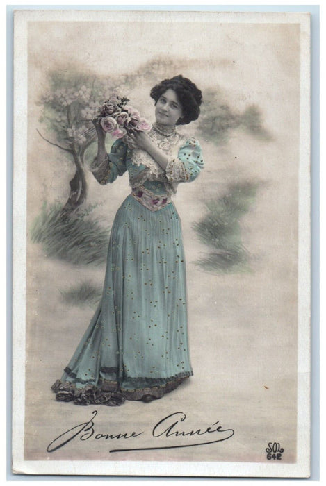 c1910's Happy New Year Bonne Annee Pretty Woman Flowers RPPC Photo Postcard