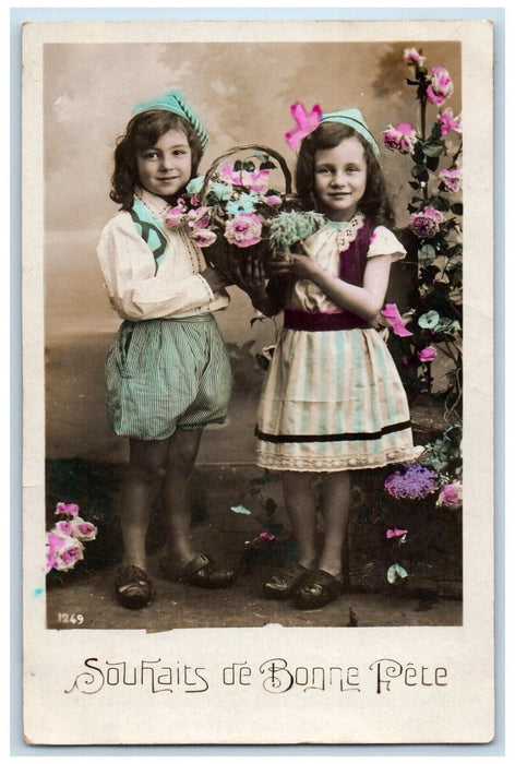 c1910's Easter Children Curly Hair Holding Flowers Basket RPPC Photo Postcard